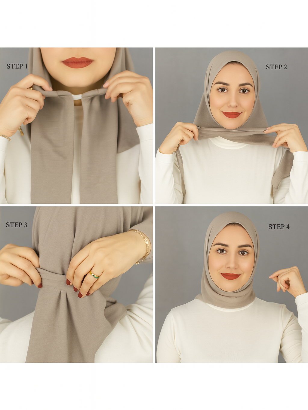 Step-by-step tutorial on how to wear a hijab with four images showing the process.