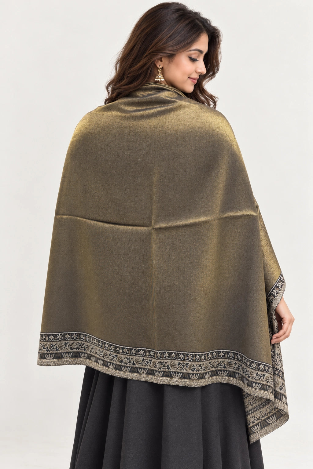 Moonlight Reversible Black & Antique Gold Shawl - 02-back-drape