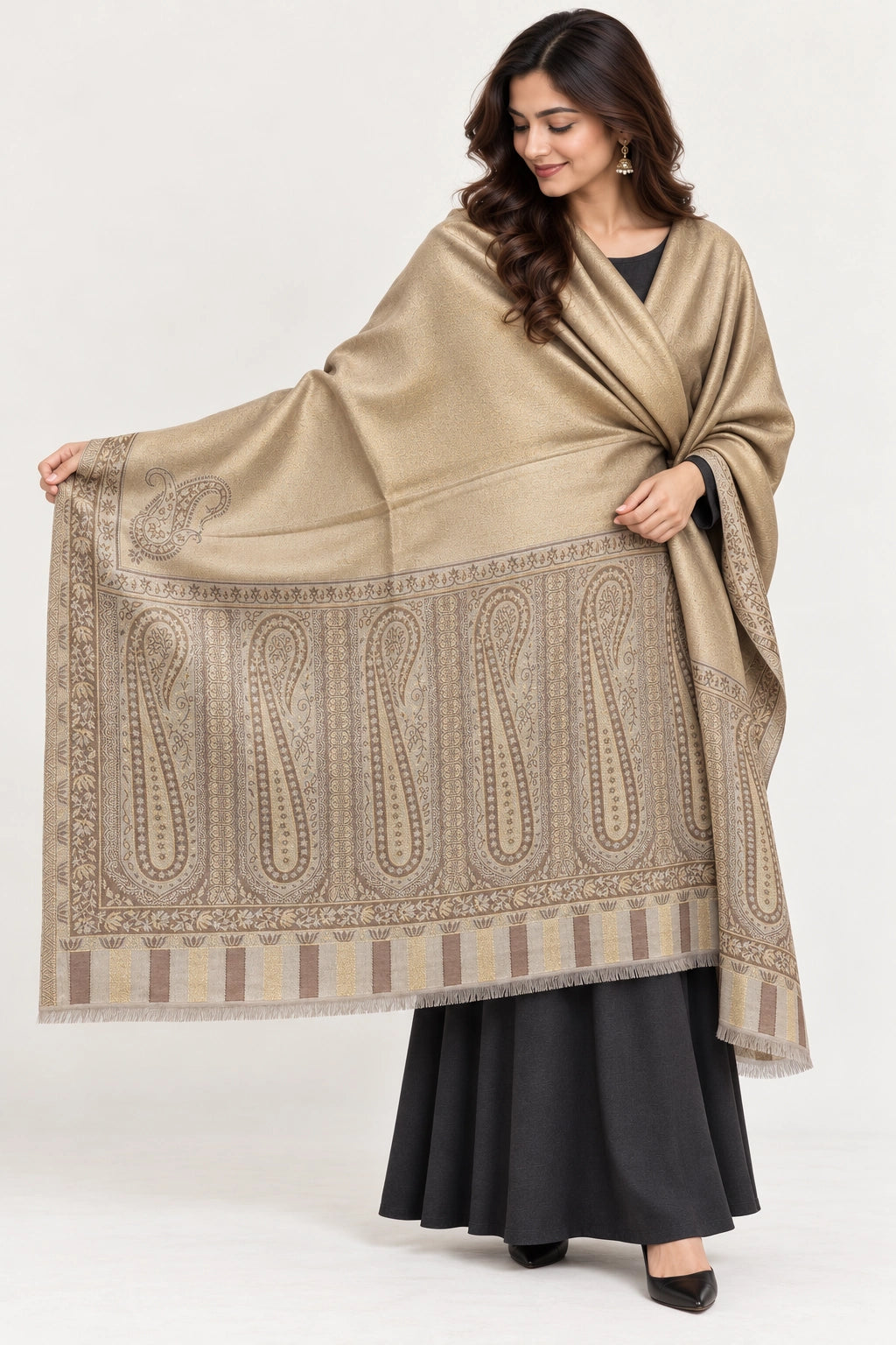 Moonlight Reversible Champagne & Taupe Shawl - 01-model-portrait
