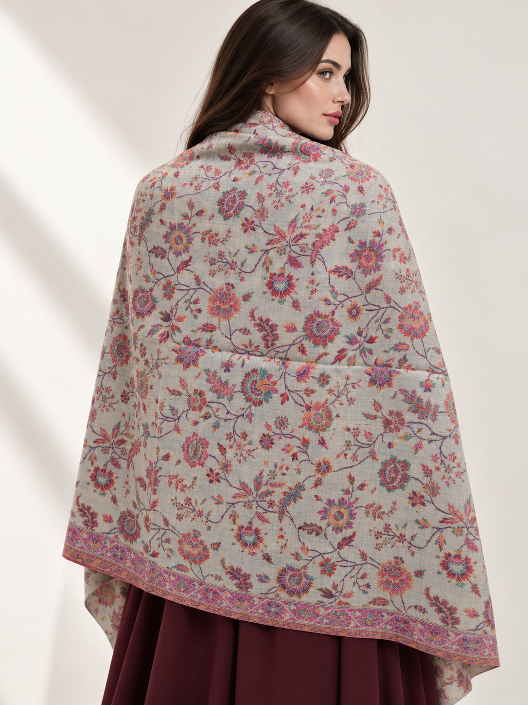 Premium Kani #17 Floral Pearl Ivory Shawl — 03-back-drape