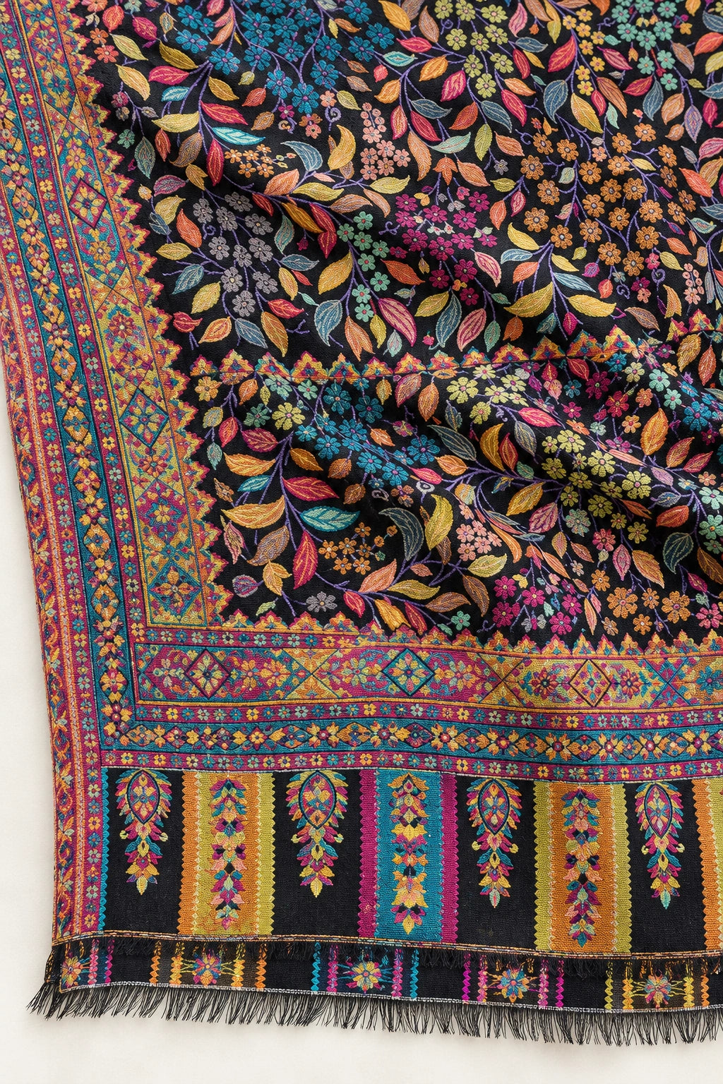 Premium Bareek Kani #32 Floral Black Shawl — 02-material-closeup