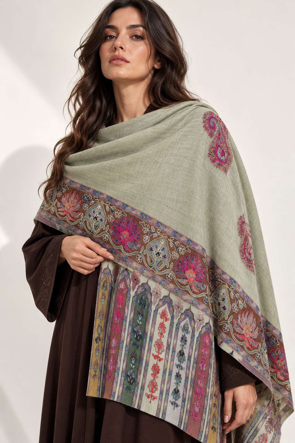 Premium Kalamkari Border #67 Sage Green Shawl — 01-model-closeup