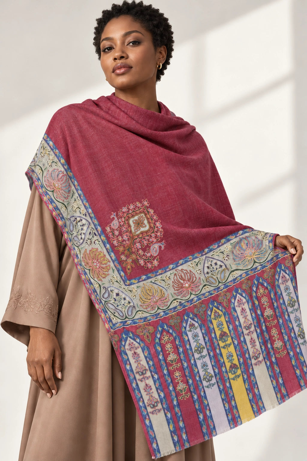 Premium Kalamkari Border #67 Burgundy Shawl — 01-model-closeup