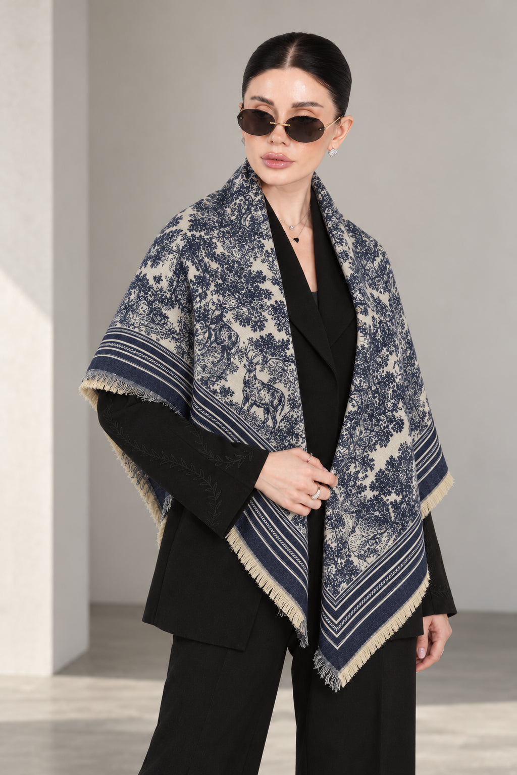 NAVY BLUE cashmere animal print square shawl folded into a triangle — standing