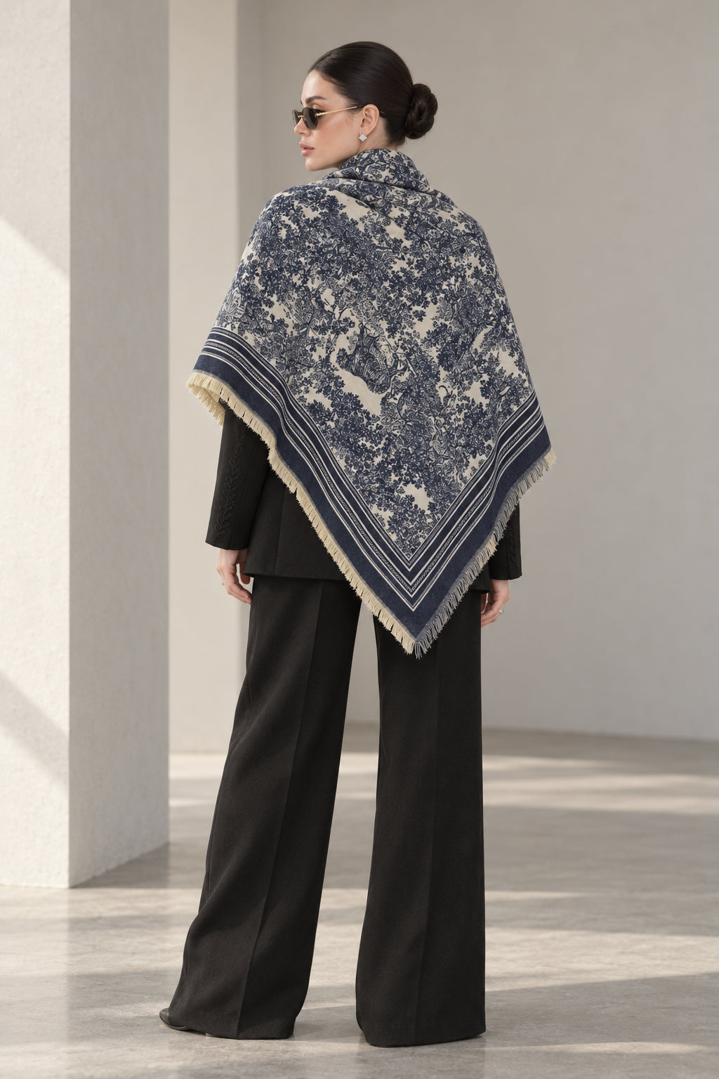 NAVY BLUE cashmere animal print square shawl folded into a triangle — triangle-back