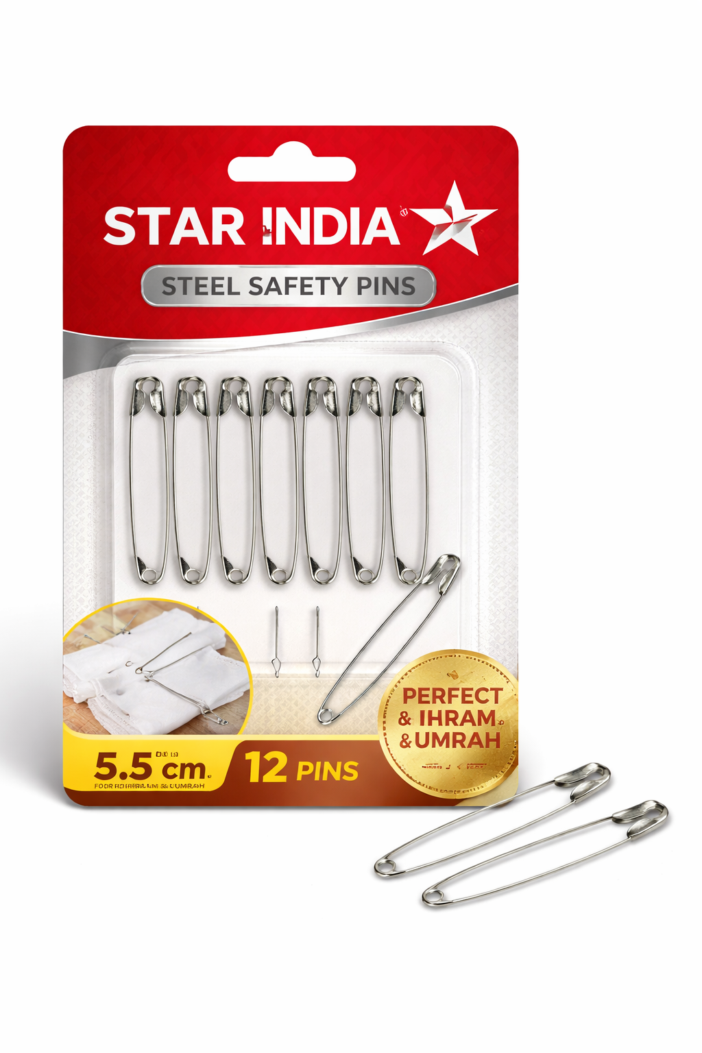 Umrah Cloth Safety Pins – 12 Pieces Set