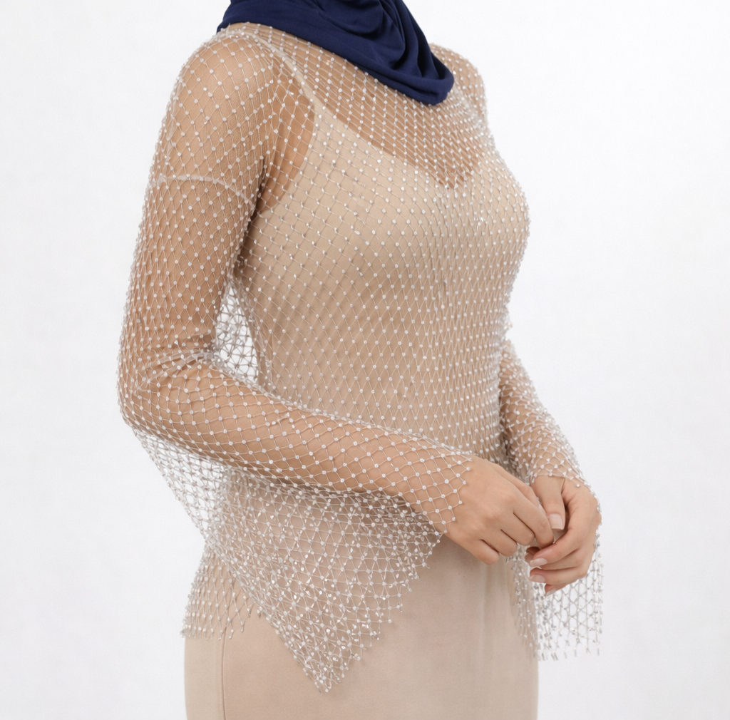 Sheer Fish Net Crystal Metallic Top