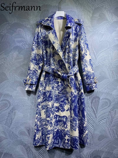 Blue Toile Print Belted Trench Coat
