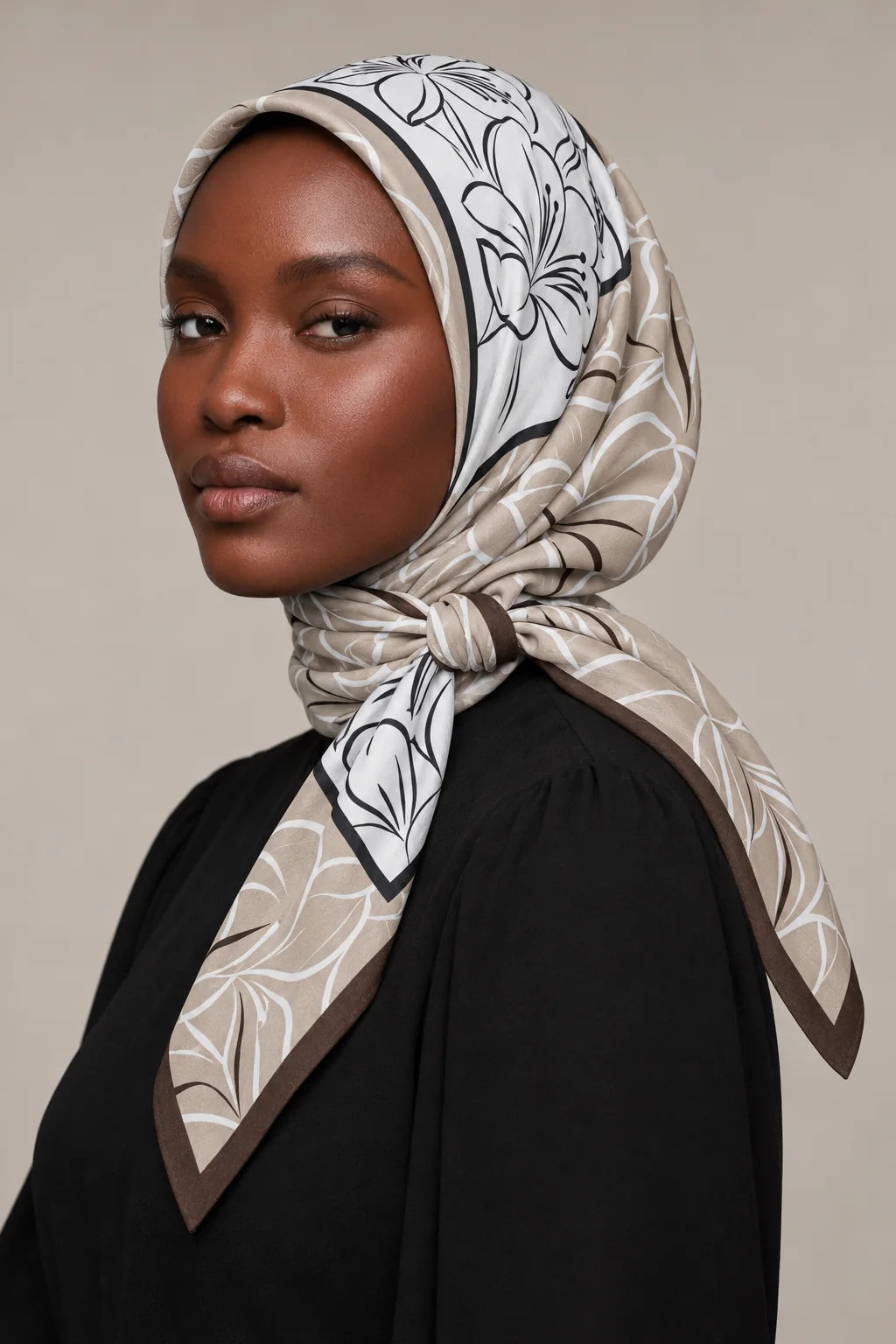 Silk Taupe Lily Murabba Scarf, 90×90 cm square hijab in Kuwait — closeup portrait