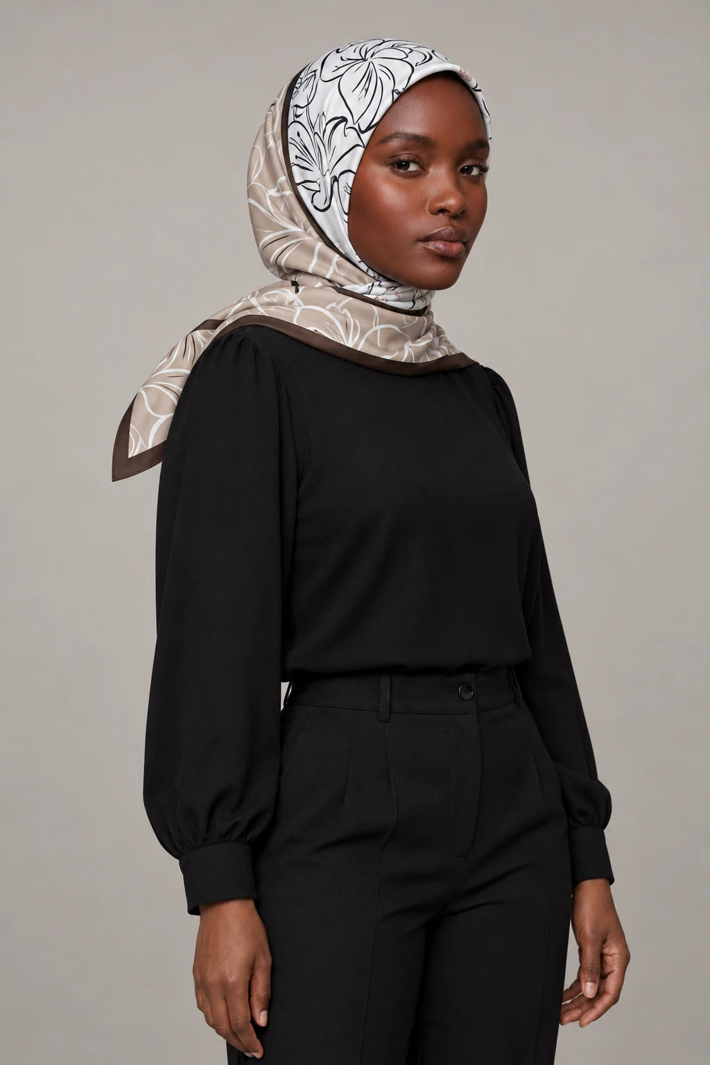 Silk Taupe Lily Murabba Scarf, 90×90 cm square hijab in Kuwait — portrait portrait