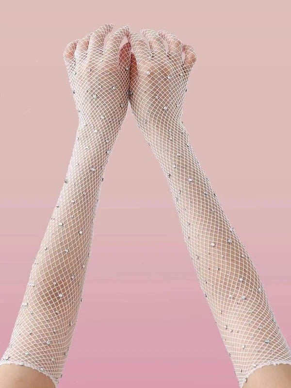 Rhinestone decor fishnet gloves