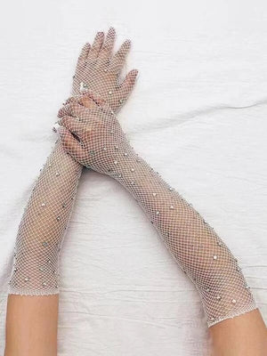 Rhinestone decor fishnet gloves