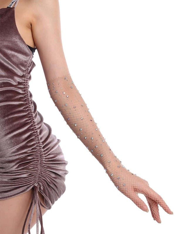 Rhinestone decor fishnet gloves