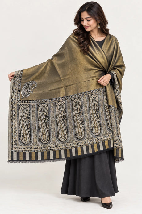 Moonlight Reversible Black & Antique Gold Shawl - 01-model-portrait
