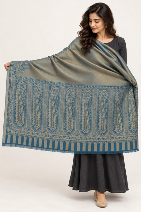 Moonlight Reversible Steel Blue & Pewter Shawl - 01-model-portrait