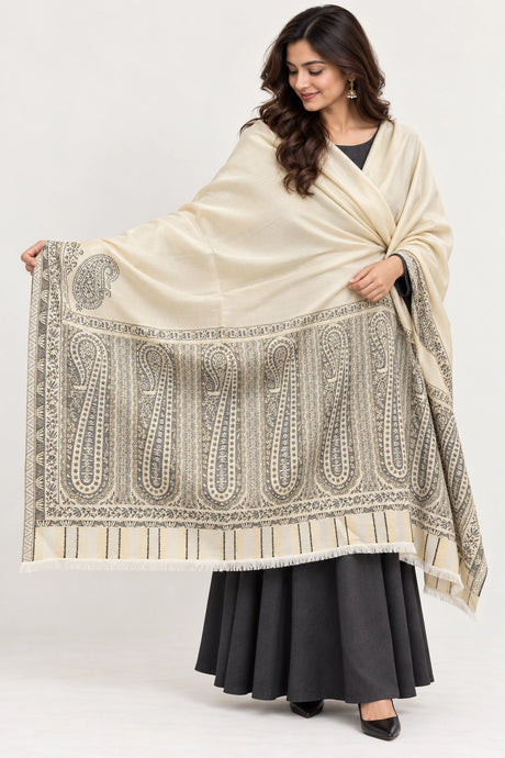 Moonlight Reversible Ivory & Charcoal Shawl - 01-model-portrait