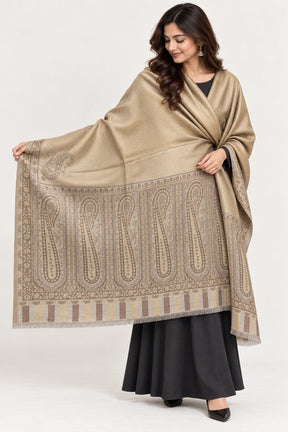 Moonlight Reversible Champagne & Taupe Shawl - 01-model-portrait