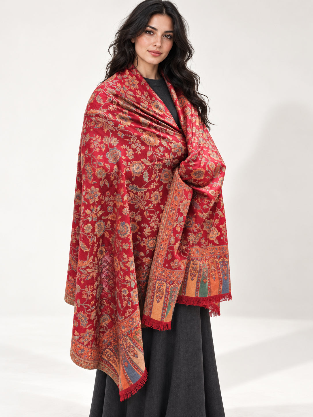 Premium Kani #17 Floral Deep Red Shawl — 01-main-portrait
