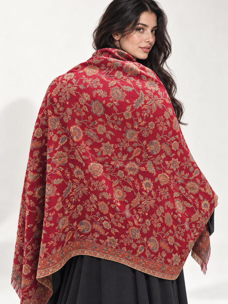 Premium Kani #17 Floral Deep Red Shawl — 03-back-drape