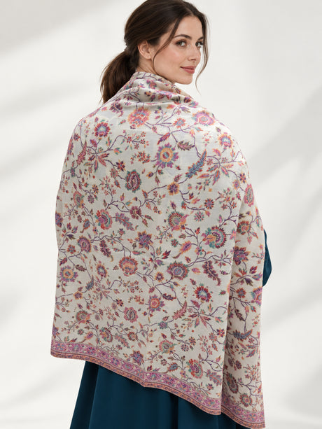 Premium Kani #17 Floral Ivory Shawl — 03-back-drape