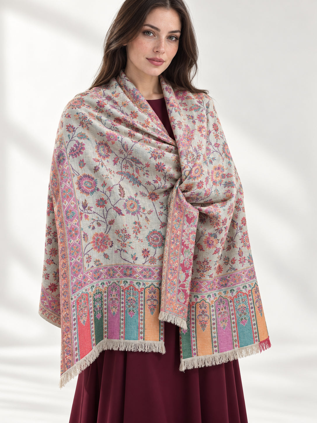 Premium Kani #17 Floral Pearl Ivory Shawl — 01-main-portrait
