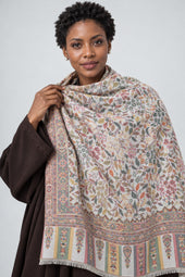 Premium Bareek Kani #32 Floral Ivory Shawl — 01-model-closeup