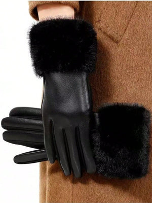 Solid Fuzzy Leather trim gloves for winter 3 designs