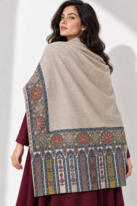 Premium Kalamkari Border #67 Sand Beige Shawl — 04-back-drape