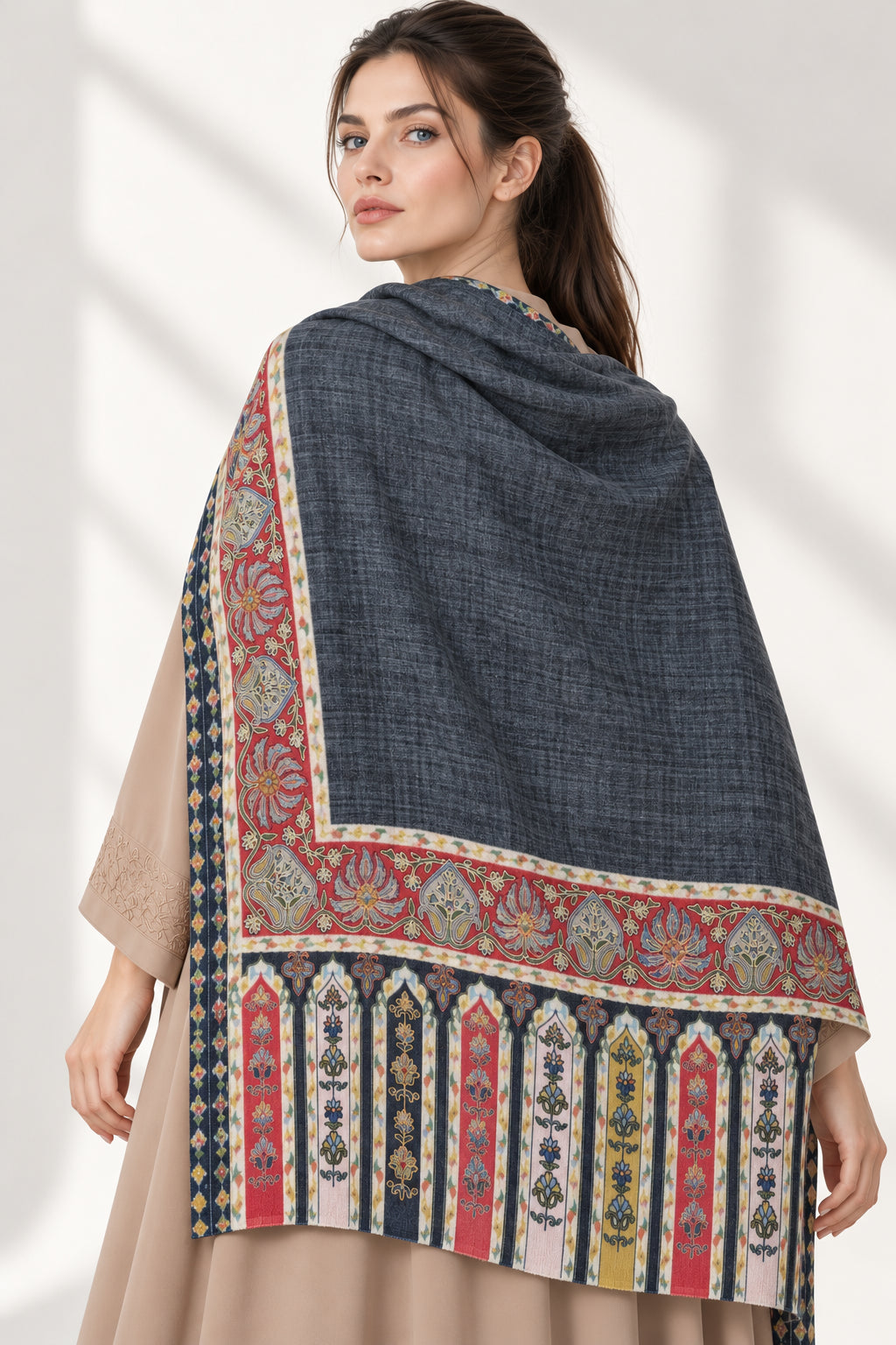Premium Kalamkari Border #67 Charcoal Grey Shawl — 04-back-drape