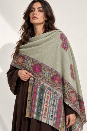 Premium Kalamkari Border #67 Sage Green Shawl — 01-model-closeup