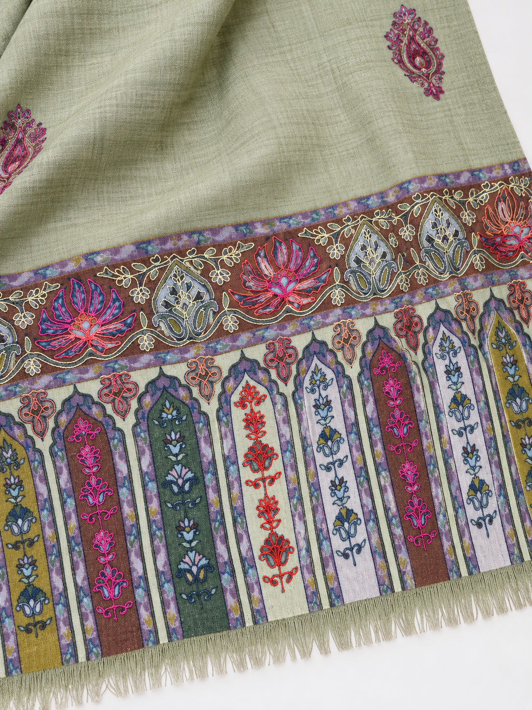 Premium Kalamkari Border #67 Sage Green Shawl — 05-pallu-detail