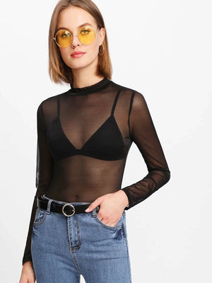 Transparent plain sheer Mock neck top