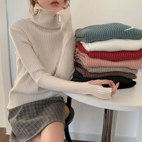 Turtle neck warm women sweater winter with Thumb open