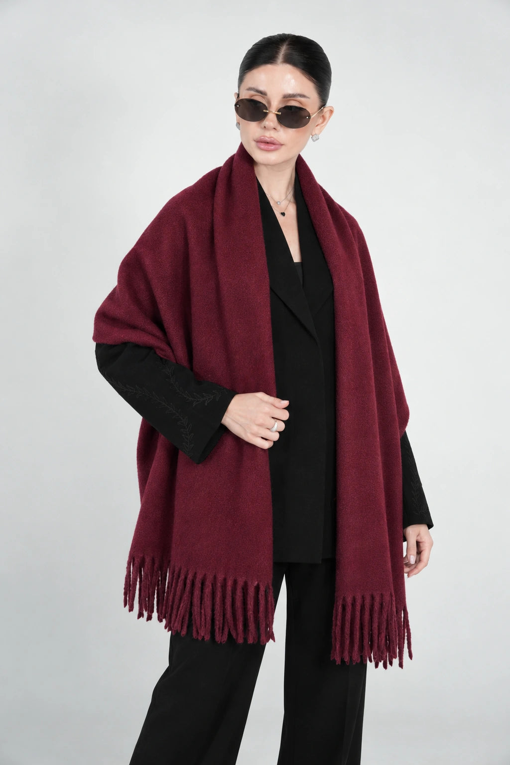 Original Wool Shawl – Dark Burgundy – front with glasses