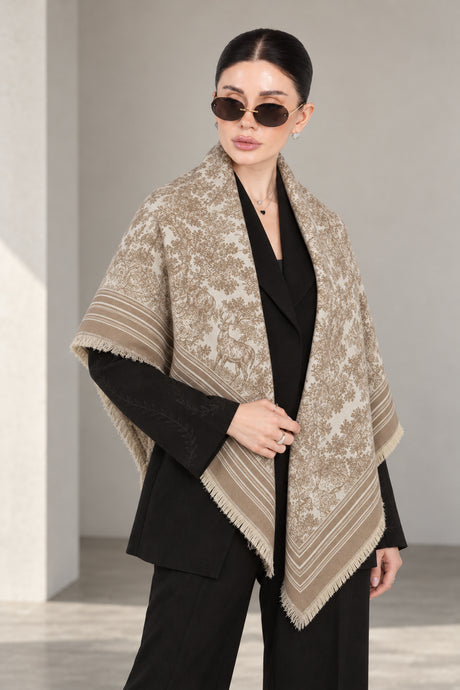 BEIGE cashmere animal print square shawl folded into a triangle — standing