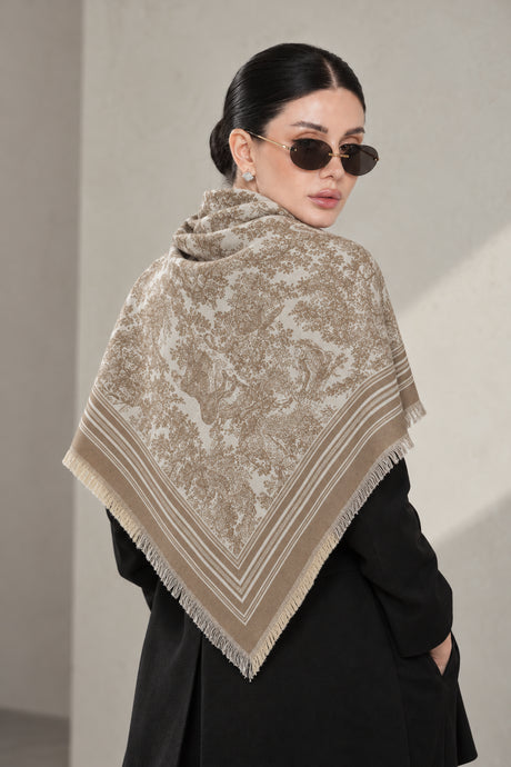 BEIGE cashmere animal print square shawl folded into a triangle — triangle-back