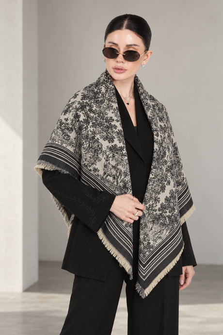 BLACK cashmere animal print square shawl folded into a triangle — standing