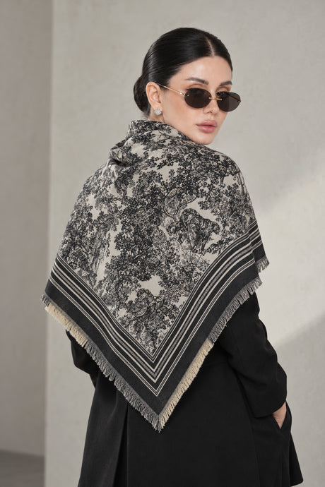 BLACK cashmere animal print square shawl folded into a triangle — triangle-back
