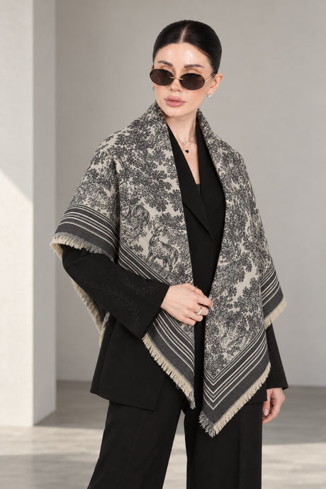 GREY cashmere animal print square shawl folded into a triangle — standing