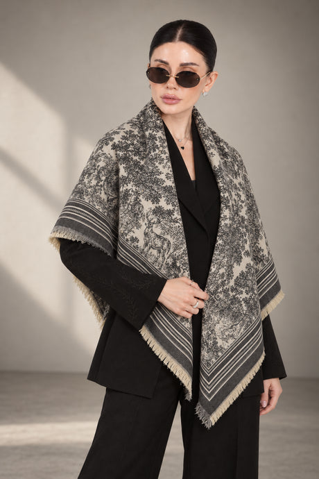 GREY cashmere animal print square shawl folded into a triangle — vignette