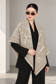 LIGHT BEIGE cashmere animal print square shawl folded into a triangle — standing