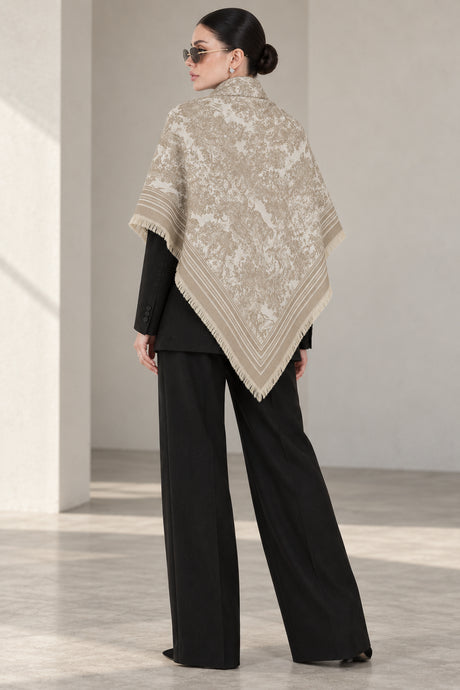 LIGHT BEIGE cashmere animal print square shawl folded into a triangle — triangle-back