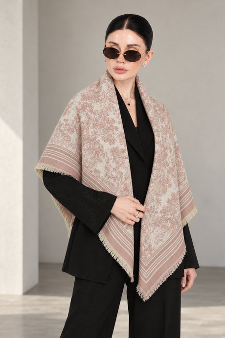 LIGHT PINK GULABI cashmere animal print square shawl folded into a triangle — standing