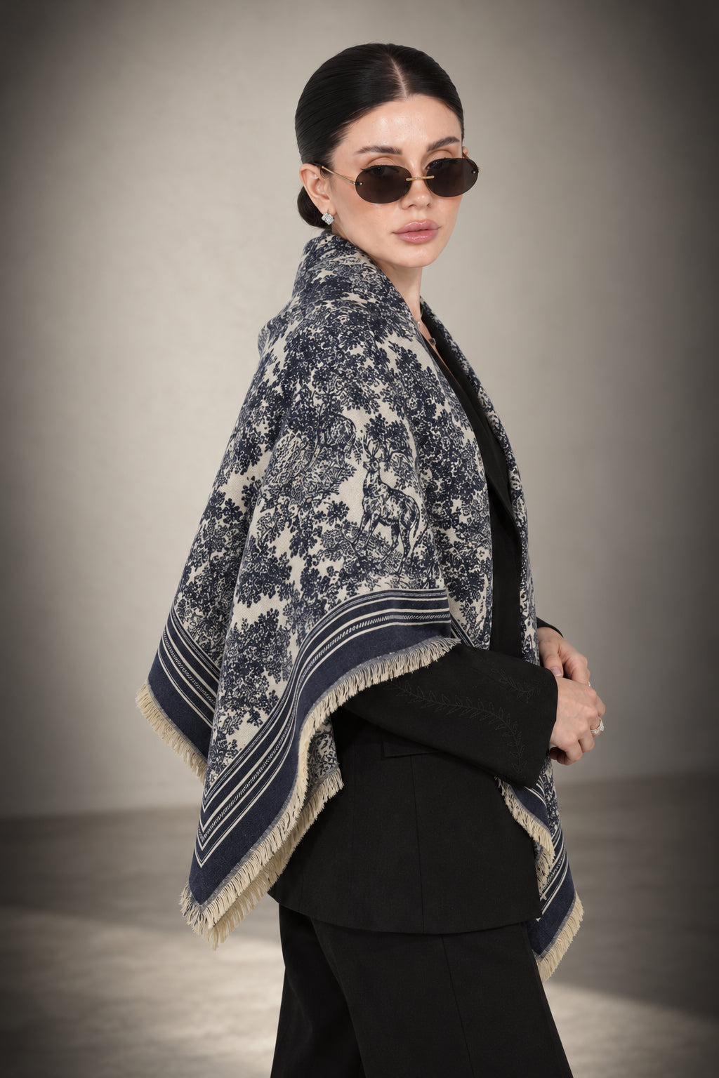 NAVY BLUE cashmere animal print square shawl folded into a triangle — vignette