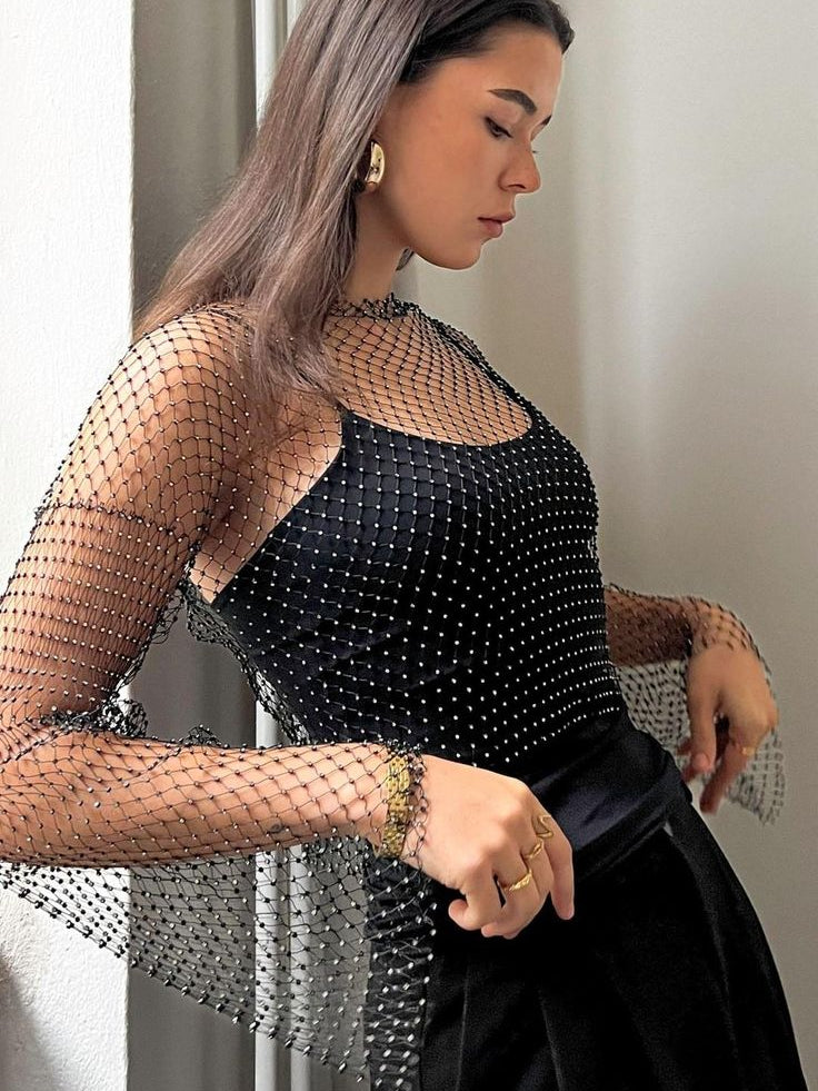 Sheer Fish Net Crystal Metallic Top