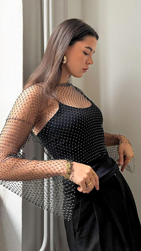 Sheer Fish Net Crystal Metallic Top