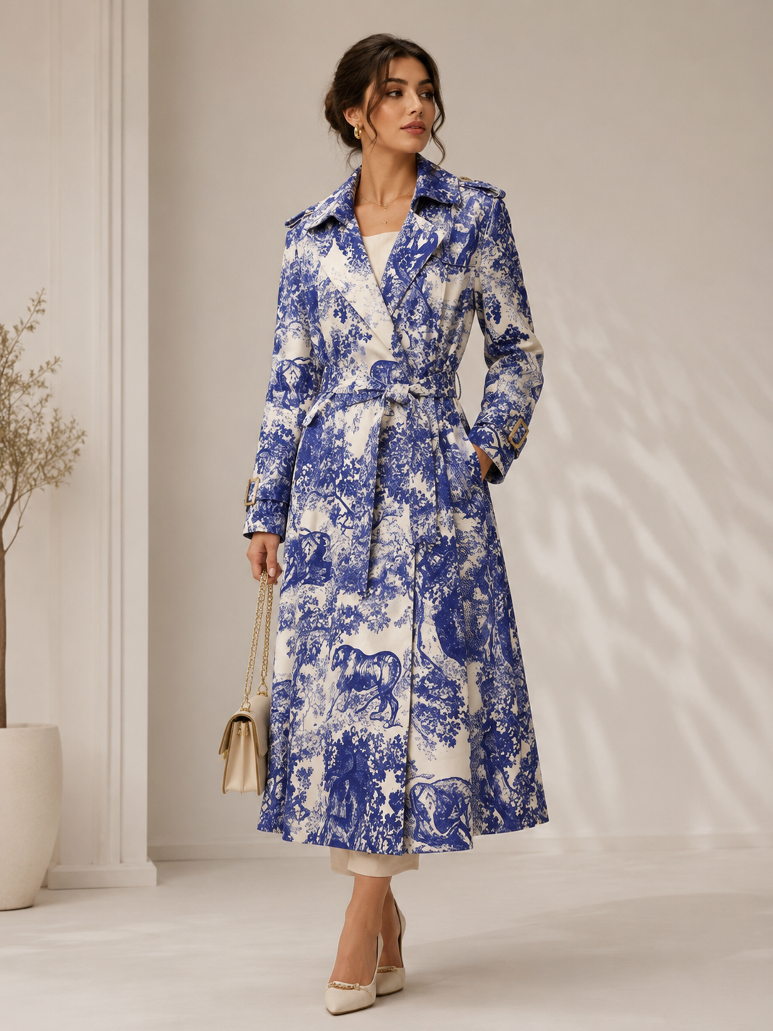 Blue Toile Print Belted Trench Coat