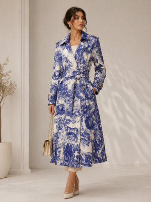 Blue Toile Print Belted Trench Coat