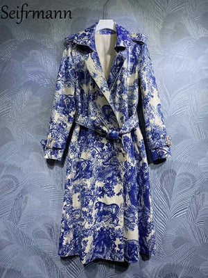 Blue Toile Print Belted Trench Coat