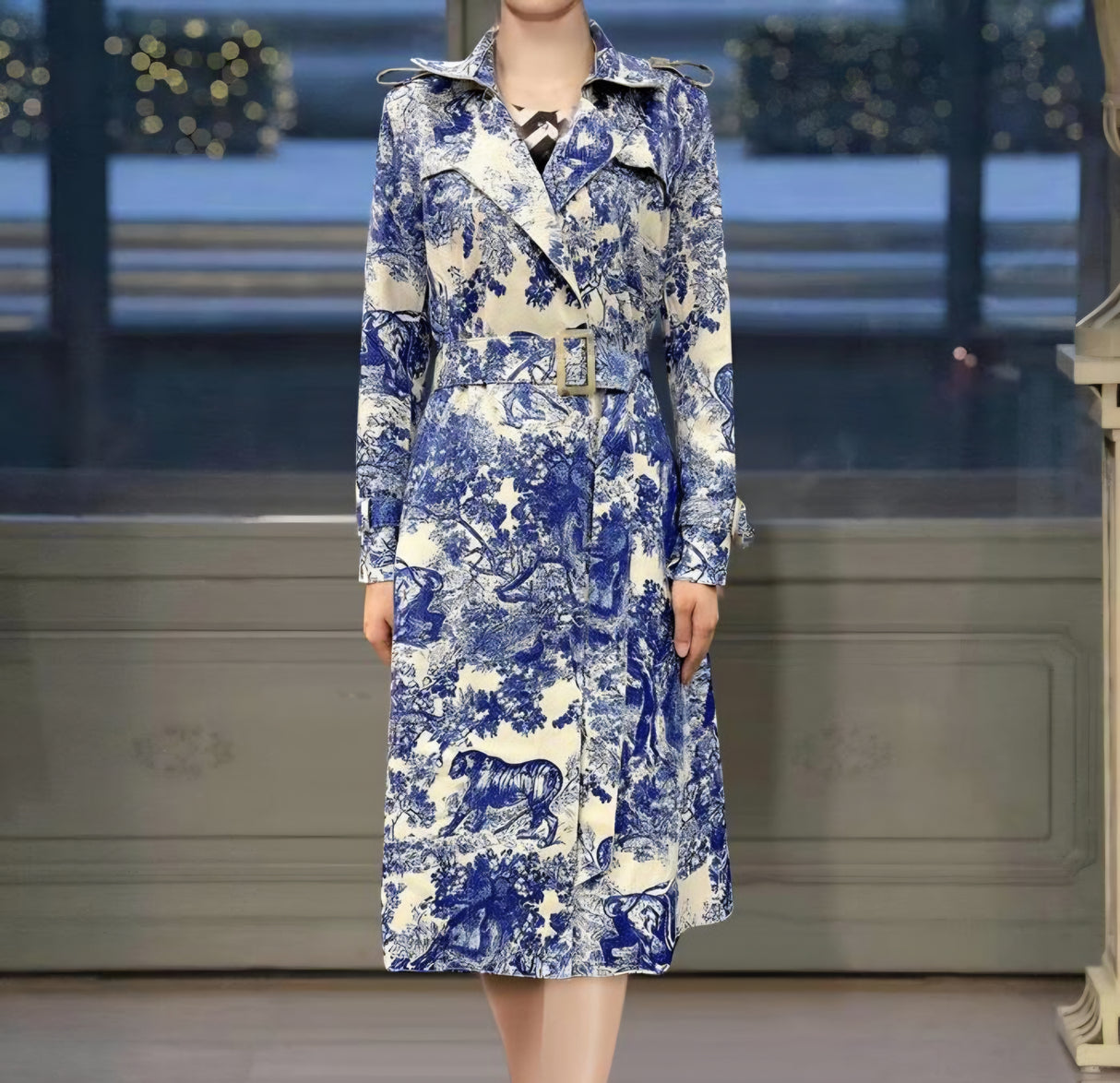 Blue Toile Print Belted Trench Coat